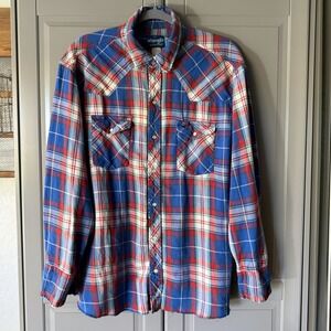 Wrangler VTG Western Plaid Snap Single Stitch Distressed LS Flannel,Blue Red,XXL